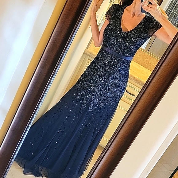 Adrianna Papell Midnight Blue Sequined Gown, Sz 2 - Picture 4 of 17